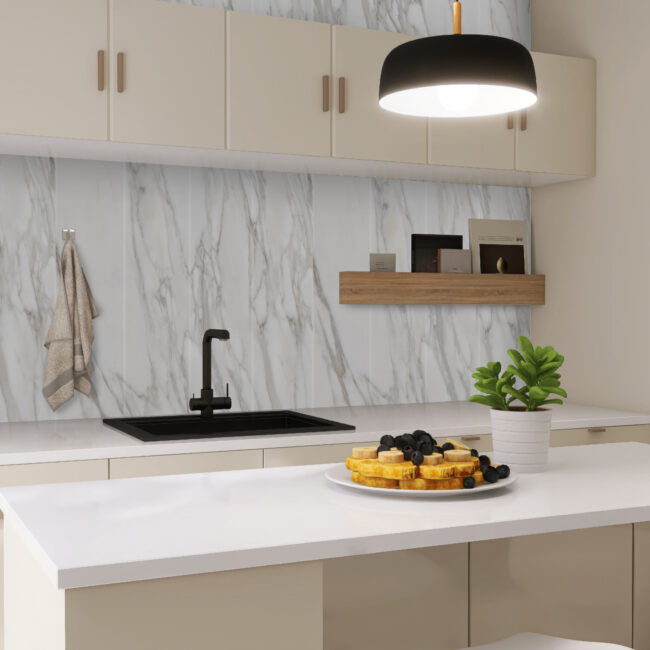 Modern, luxury kitchen with ivory cream built in cabinet, cupboard, kitchen island and white tile splashback in sunlight for interior design, product background 3D